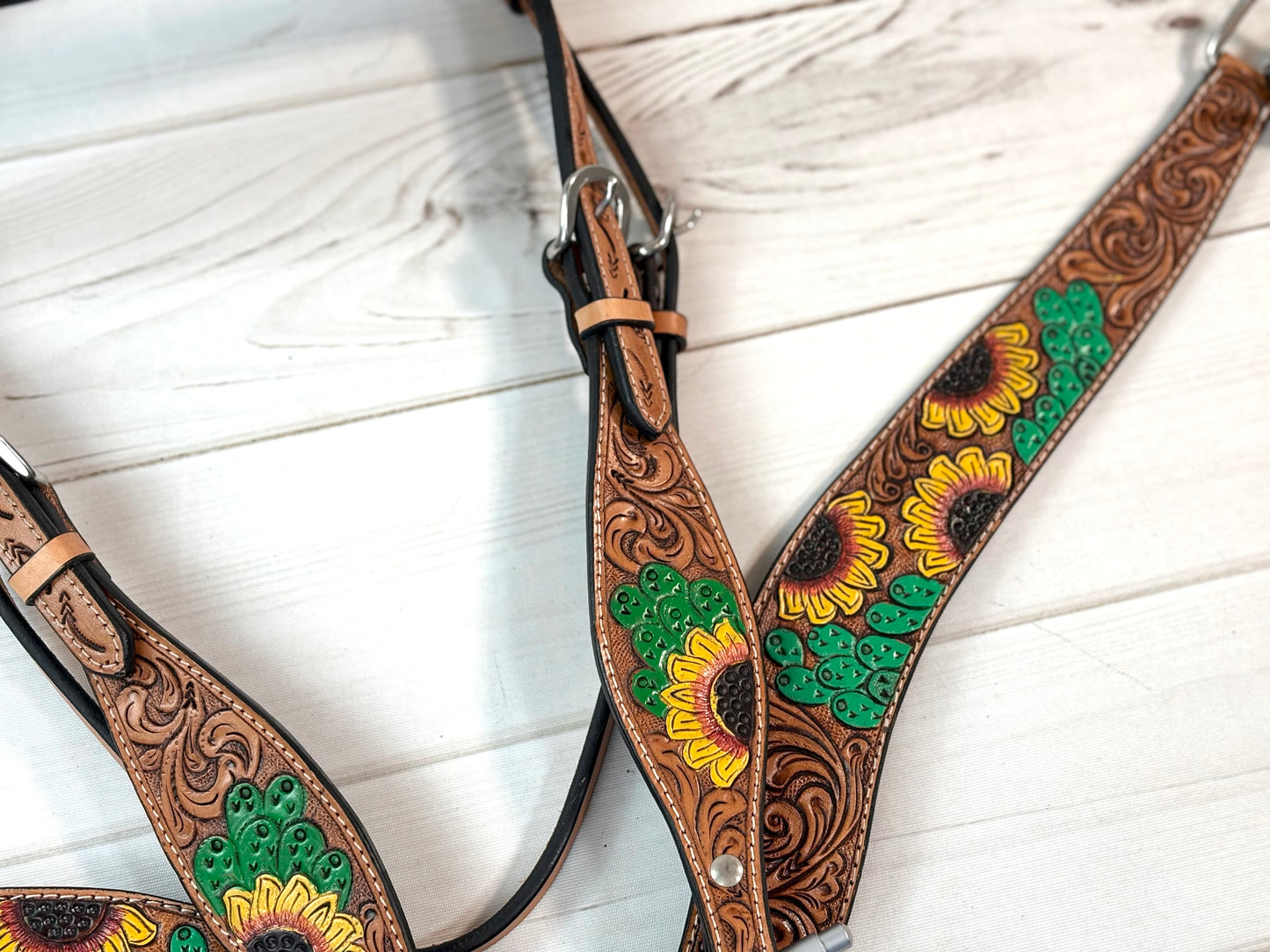 Yellow Sunflower and Green Cactus Tooled Leather Tack Set