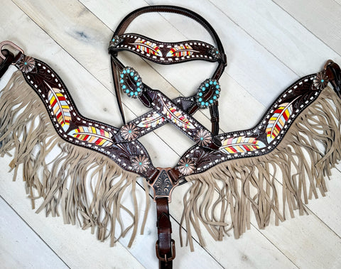 Painted Feather Turquoise Concho Fringe Tack Set