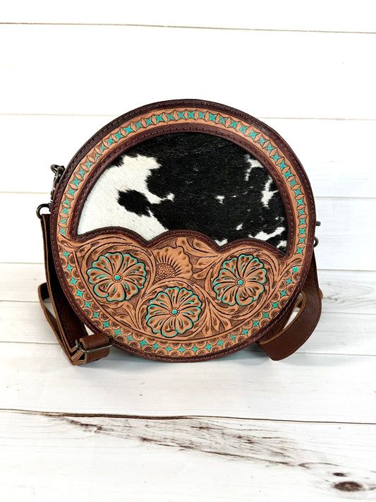 Scalloped Floral Tooled Cowhide 10” Canteen Purse