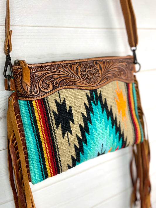 Brown, Orange and Turquoise Leather Tooled Fringe Med. Bag