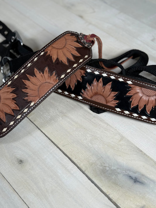 Sunflower Tooled Leather Tassel Concho Bronc Halter