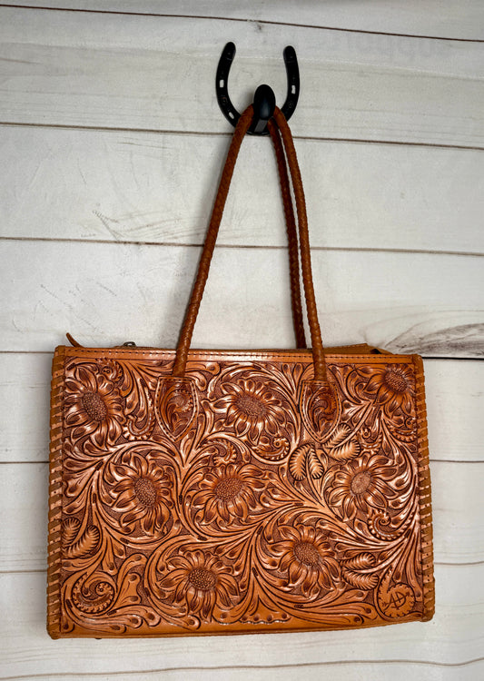 Braided Strap Sunflower Tooled Leather Tote