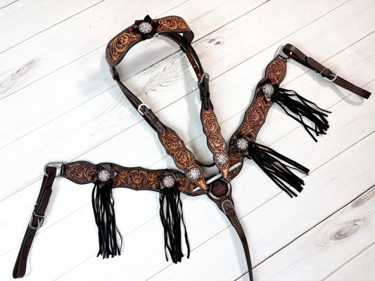Tulip Leather Tooled Black Tassel Tack Set