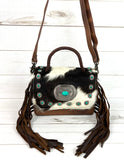 Cowhide Turquoise Studded Pill Box Style Crossbody Handbag