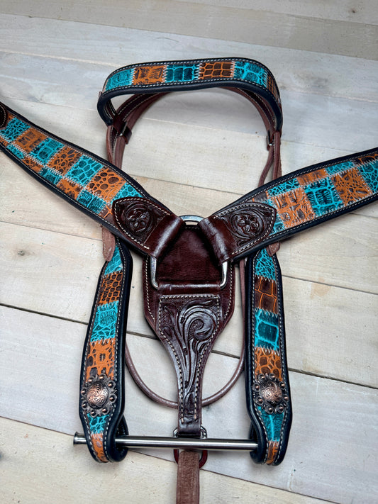 Gator and Turquoise Dark Leather Tack Set