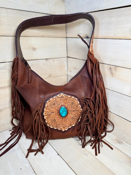 Turquoise Stone Fringe Leather Tooled Hobo Bag