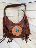 Turquoise Stone Fringe Leather Tooled Hobo Bag