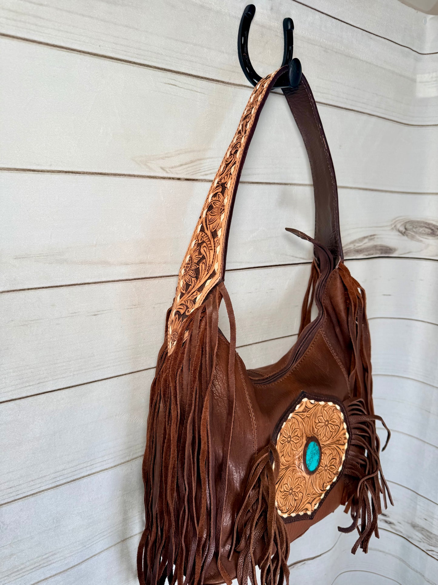 Turquoise Stone Fringe Leather Tooled Hobo Bag