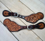 Two Tone Leather Floral Tooled Spur Strap
