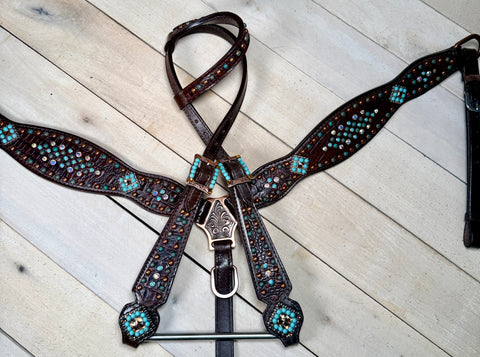 Gator Turquoise Copper Beads and Rhinestones Tack set