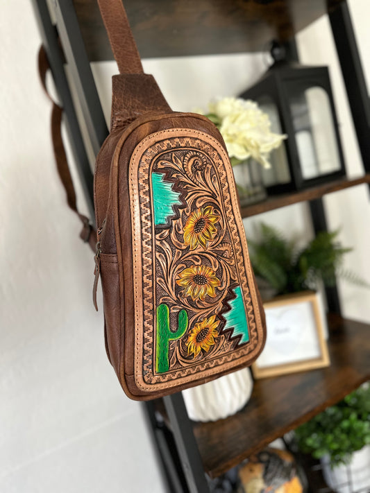 Leather Tooled Aztec Sunflower Cactus Western Sling Bag