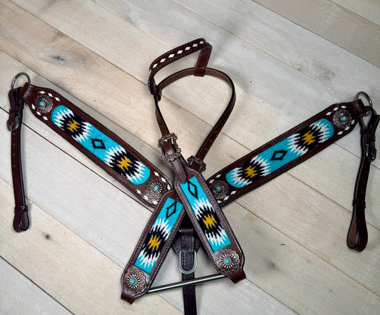 Black, Gold and Teal Woven Copper Concho Tack Set