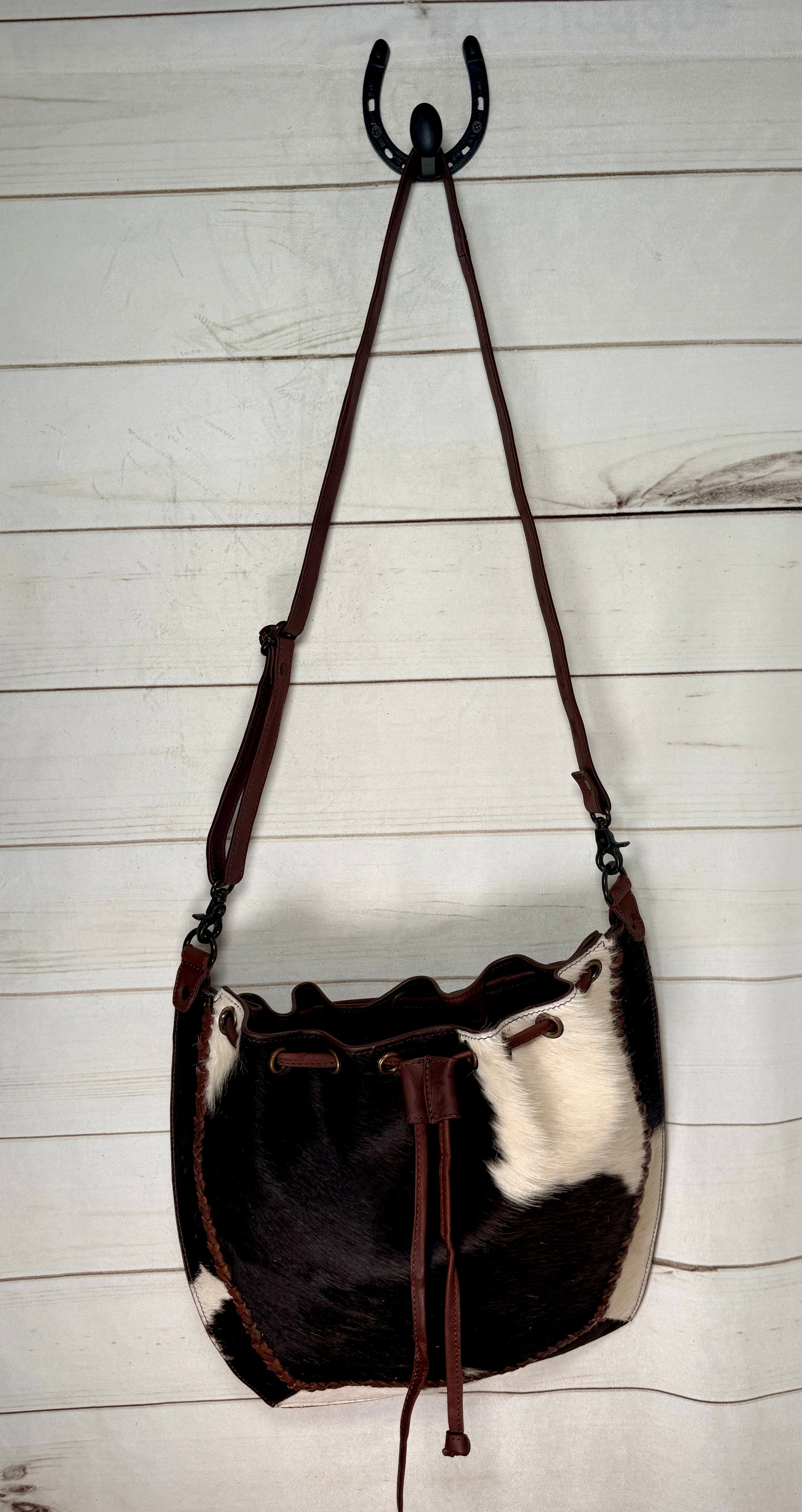 Hide and Leather Bucket Hobo Bag
