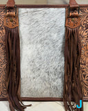 Prescott Brown Pattern Hide Tote with Leather Tooled Sunflowers