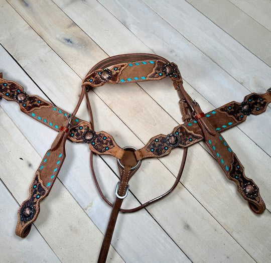 Daisy Buckstitch Rough Out Leather Floral Tooled Tack Set