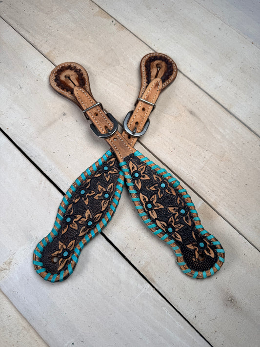 Daisy Tooled Teal Whipstitch Spur Strap