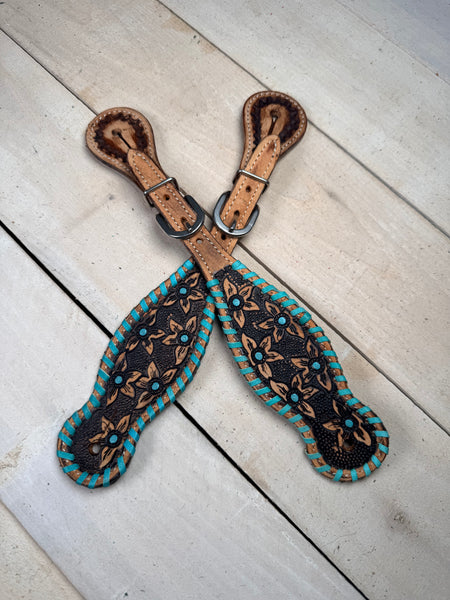 Daisy Tooled Turquoise Whipstitch Spur Strap