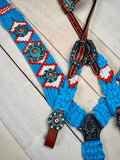 Citrus Sea Teal and Orange  Woven Beaded Concho Tack Set