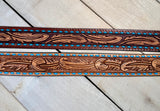 Brown Feather Tooled Leather Handbag Strap with Blue Buckstitch