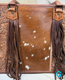 Prescott Brown Pattern Hide Tote with Leather Tooled Sunflowers