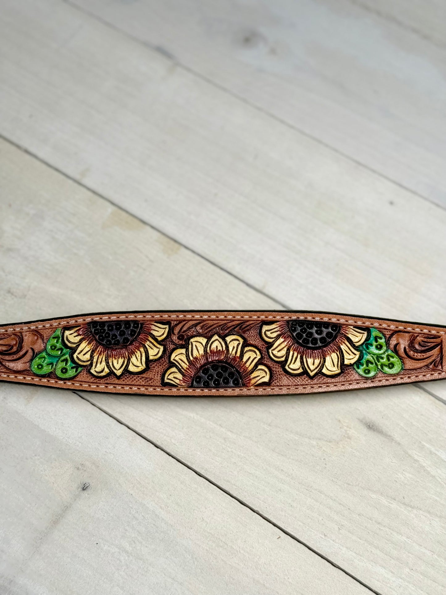 Sunflower Cactus Painted Leather Wither Strap