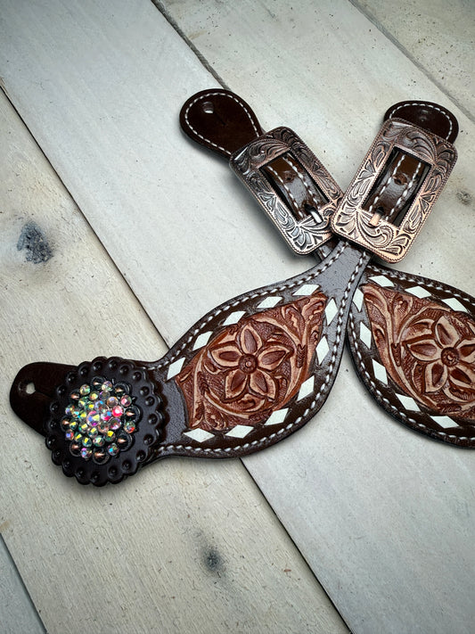 Floral Tooled Buckstitch Crystal Concho Spur Straps