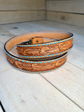 Brown Feather Tooled Leather Handbag Strap with Blue Buckstitch