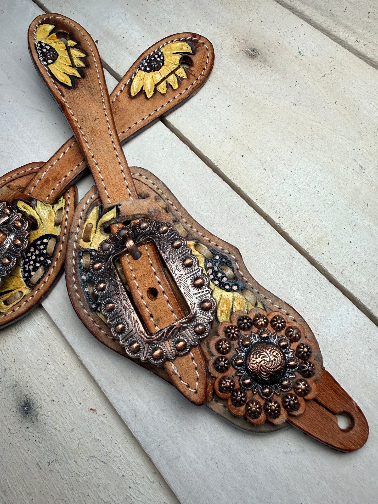 Sunflower Painted Copper Concho Spur Straps
