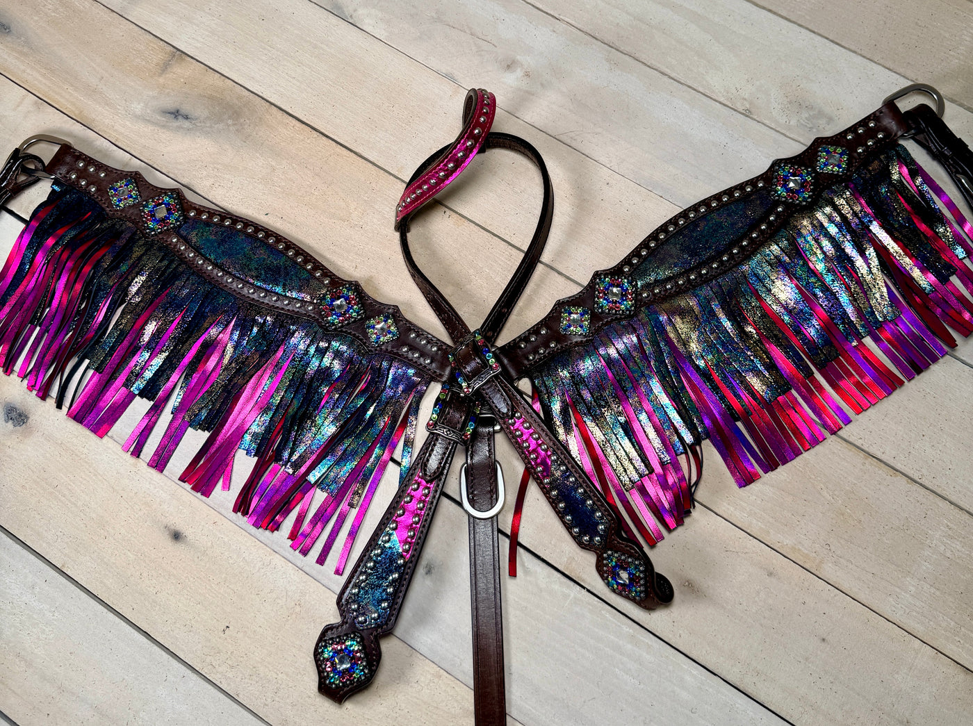 Neon tribal beaded leather tack set in pink, yellow and turquoise