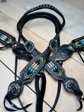 Black Leather Orange and Teal Beaded Tack Set