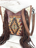 Brown Cowhide Leather Embelished Diamond Crossbody Bag