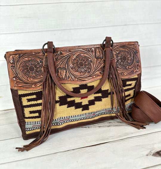 Large Tooled Leather & Neautal Toned Wool Tote