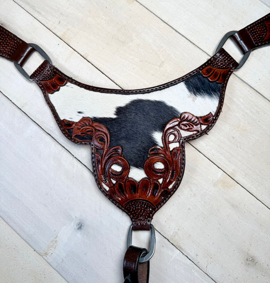 Black and White Hide Leather Tooled Tack Set