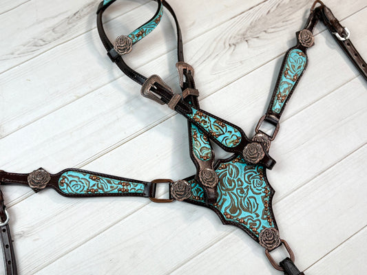 Turquoise Filigree Gladiator Style Leather Tack Set