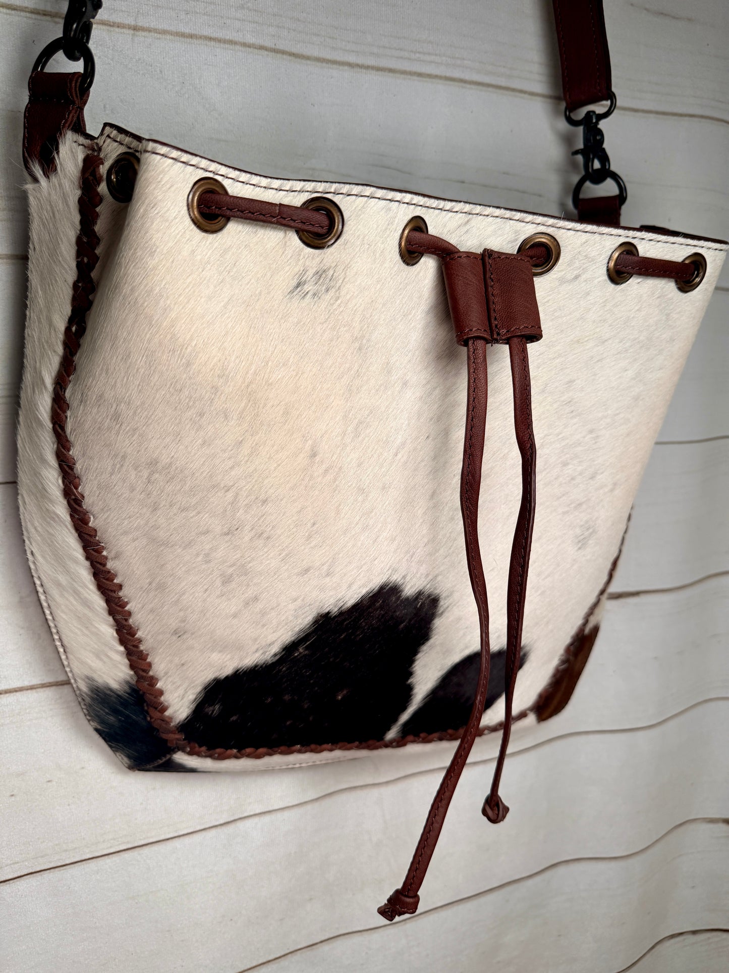 Hide and Leather Bucket Hobo Bag