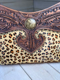 Leopard Hide Leather Tooled Studded Hobo Handbag