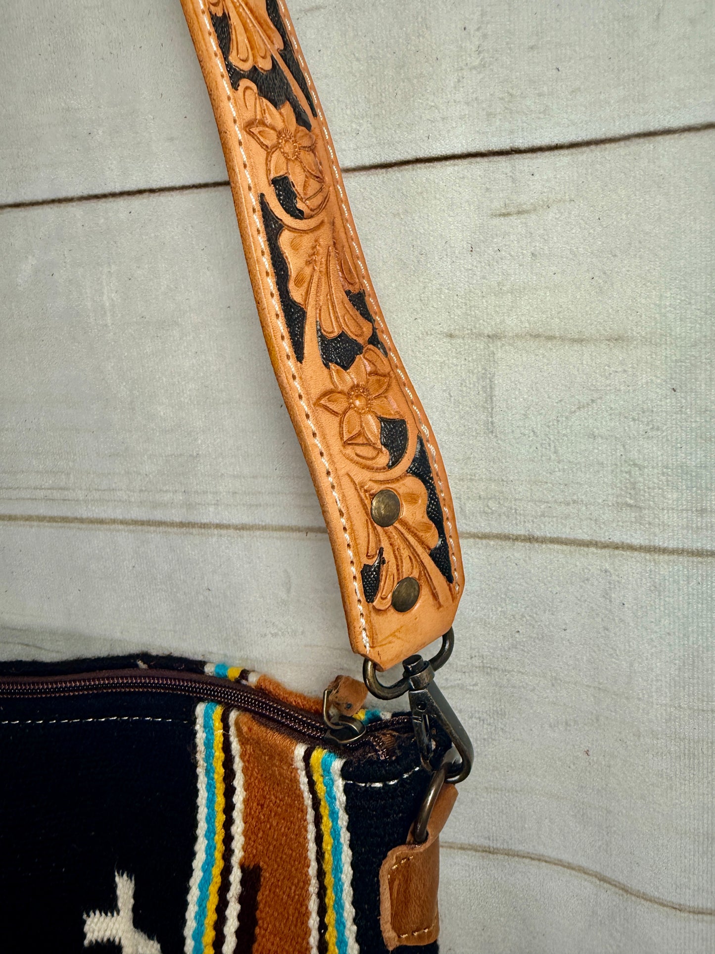 Floral Tooled Black, Red and Turquoise Crossbody