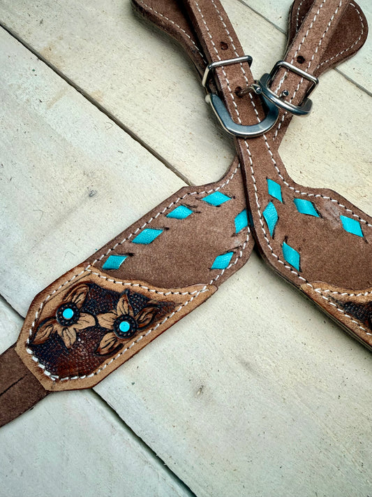 Daisy Buckstitch Rough Out Teal Spur Straps