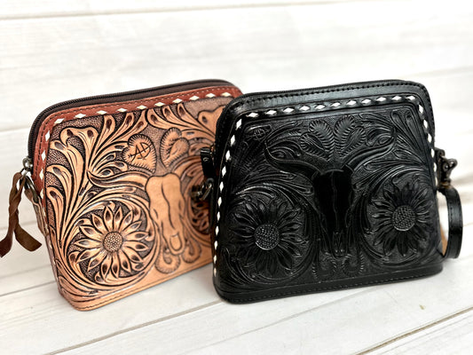Sunflower Bull Head Leather Tooled and Buckstitch Handbag