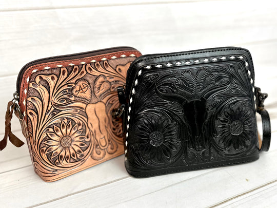 Sunflower Bull Head Leather Tooled and Buckstitch Handbag