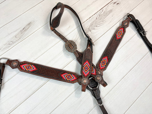 Red Beaded Floral Tooled Leather Tack Set