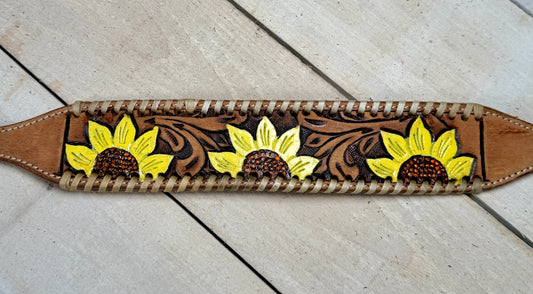 Triple Painted Sunflower Tooled Leather Wither Strap
