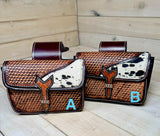 Cowhide Basket Weave Leather Tooled Saddle Bag