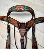 Turquoise Feather Sunflower Tooled  Studded Tack Set