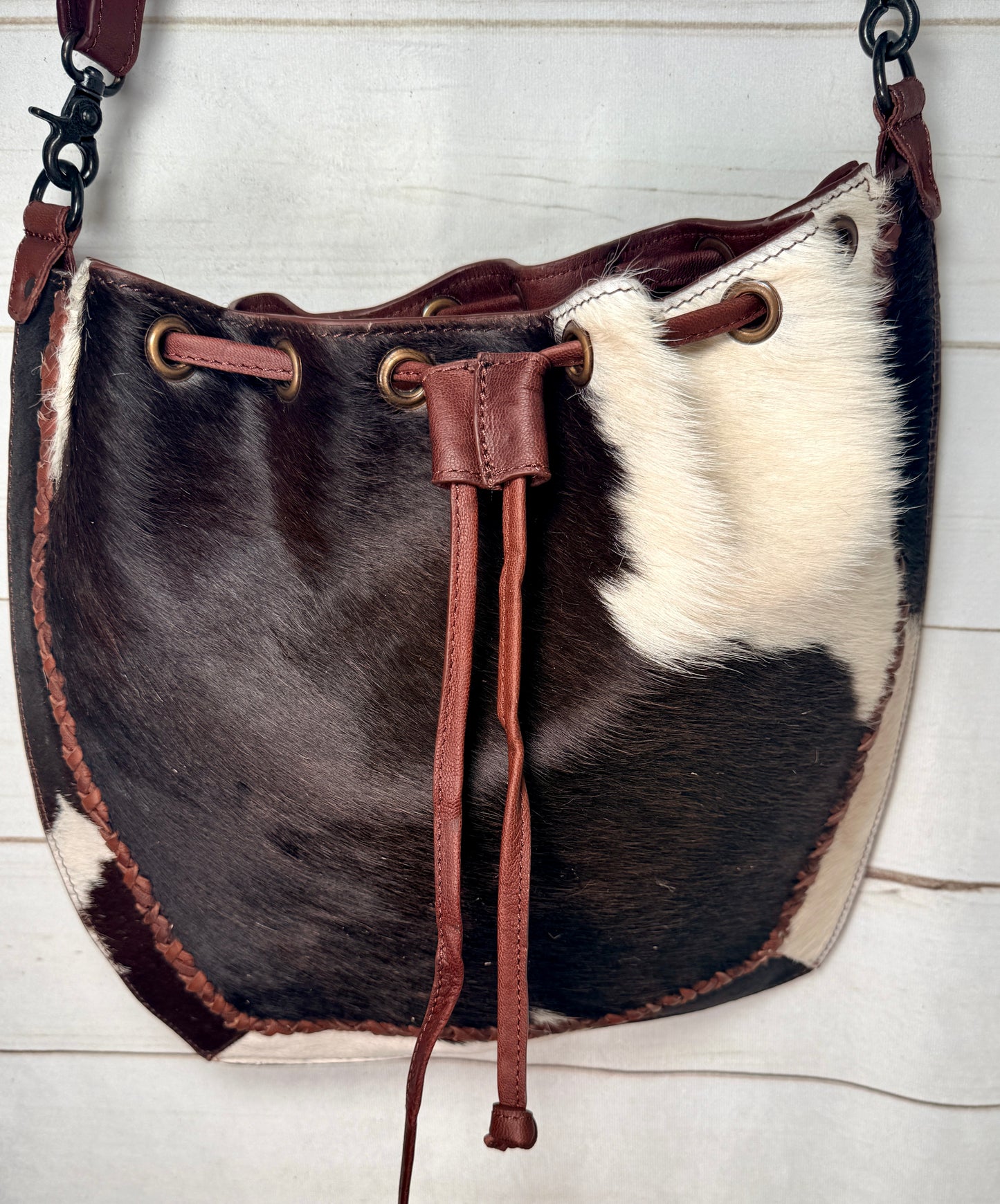Hide and Leather Bucket Hobo Bag