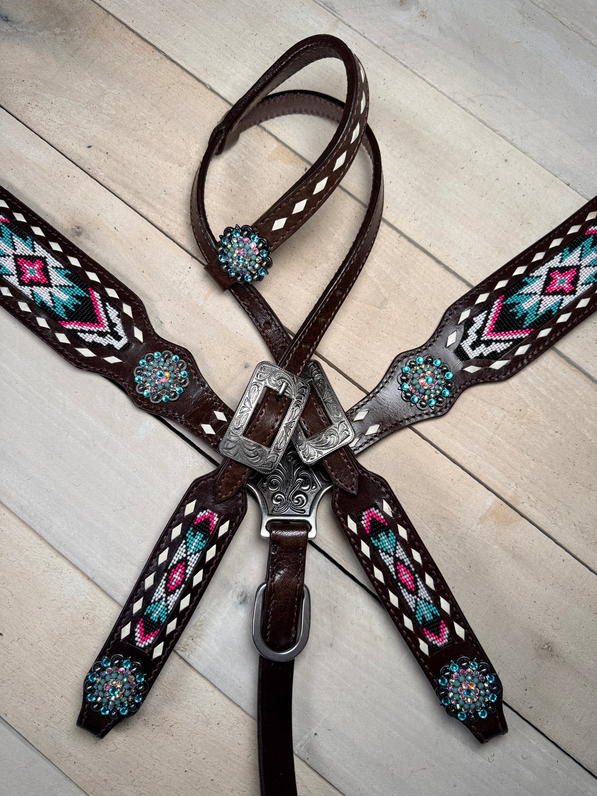 Teal and Pink Beaded Aztec Tack Set