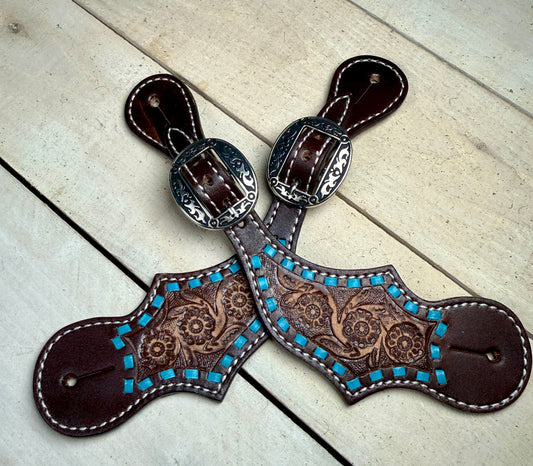 Teal Buckstitch Black Leather Spur Straps