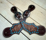 Teal Buckstitch Black Leather Spur Straps