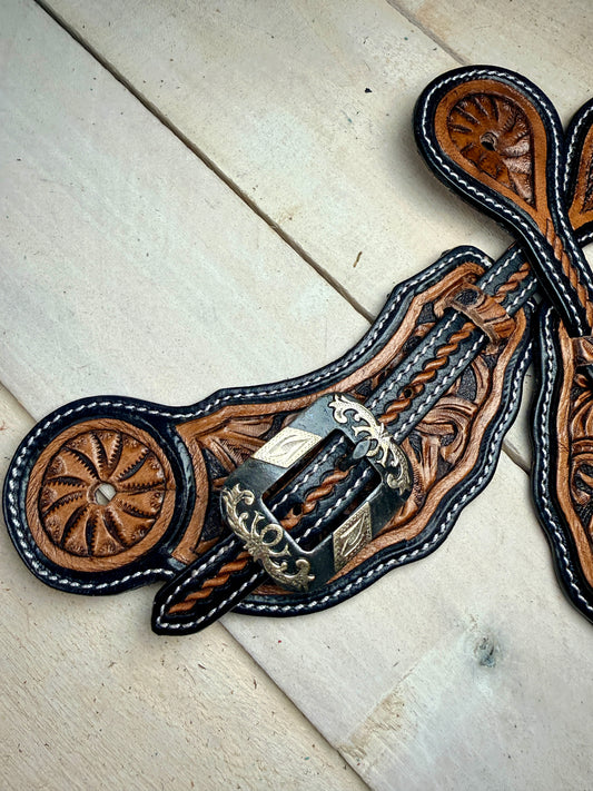 Dark Two Tone Leather Silver Concho Spur Strap