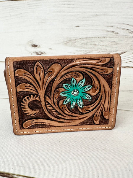 Blue Floral Tooled Tri-Fold Leather Western Wallet